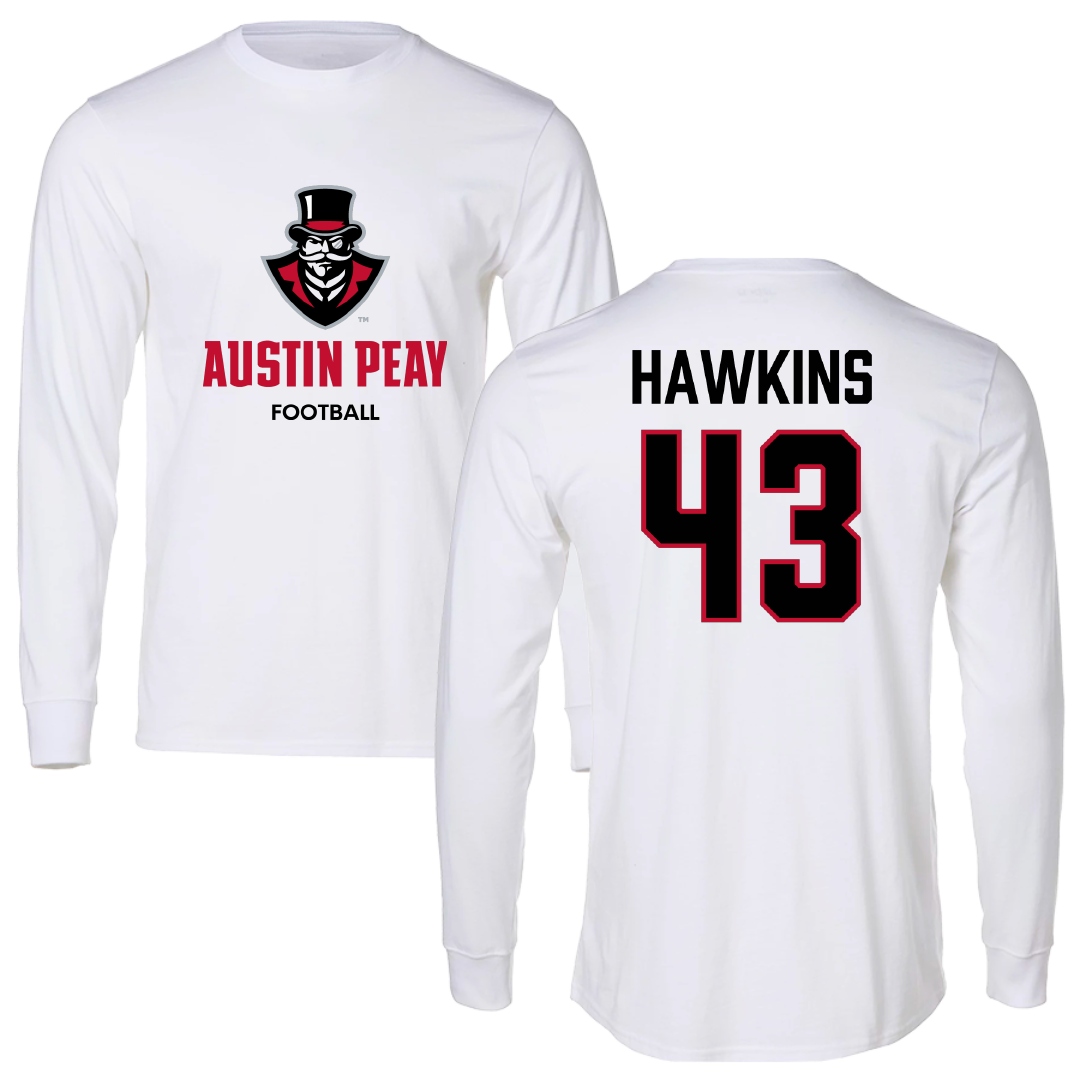 Austin Peay State University Football White Performance Long Sleeve - #43 Garrett Hawkins
