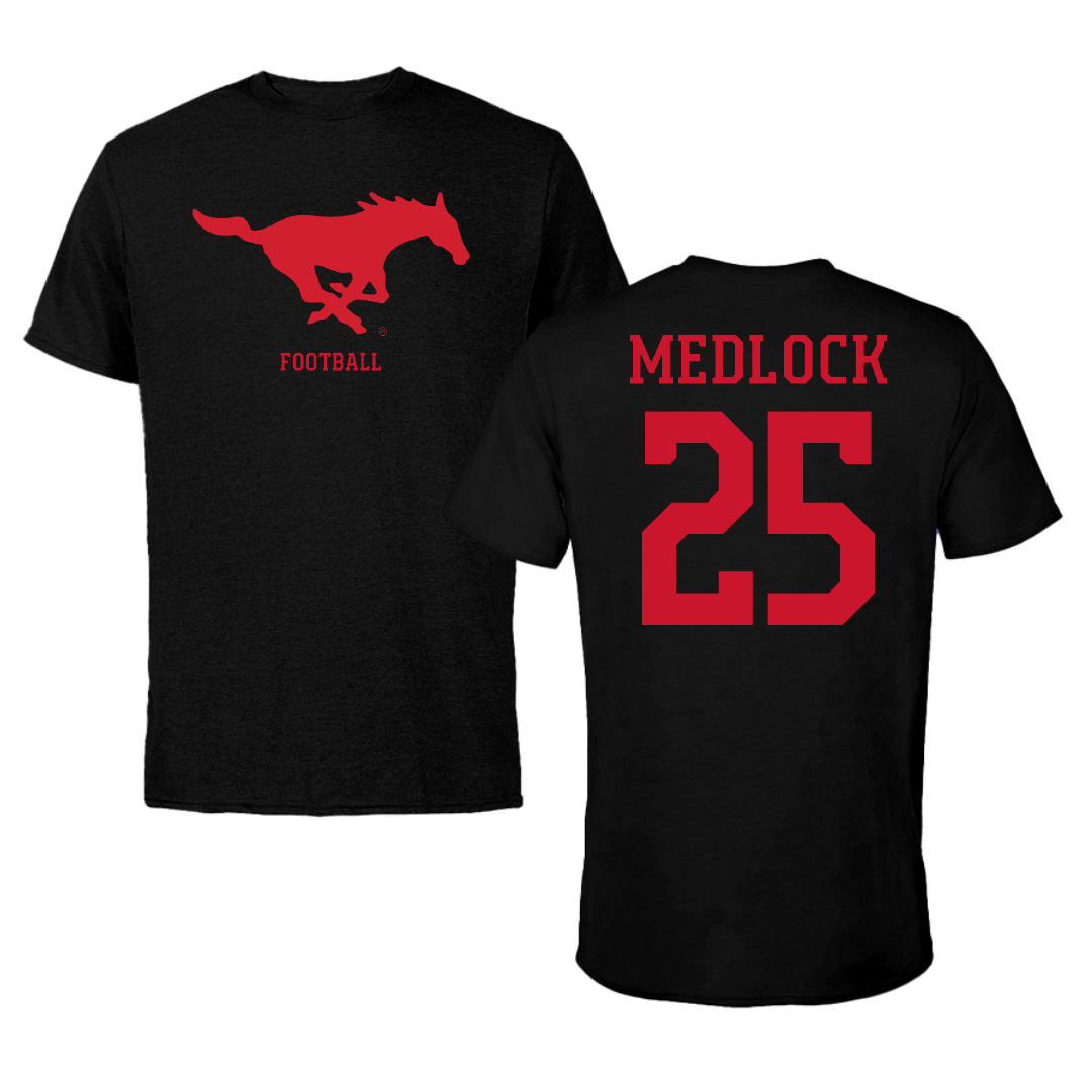 Southern Methodist University Football Black Tee - #25 Justin Medlock