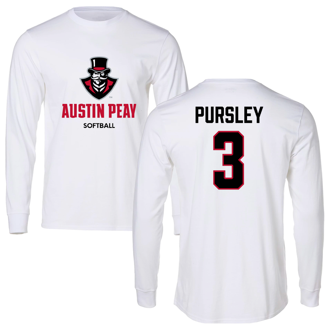 Austin Peay State University Softball White Performance Long Sleeve - #3 Charley Pursley