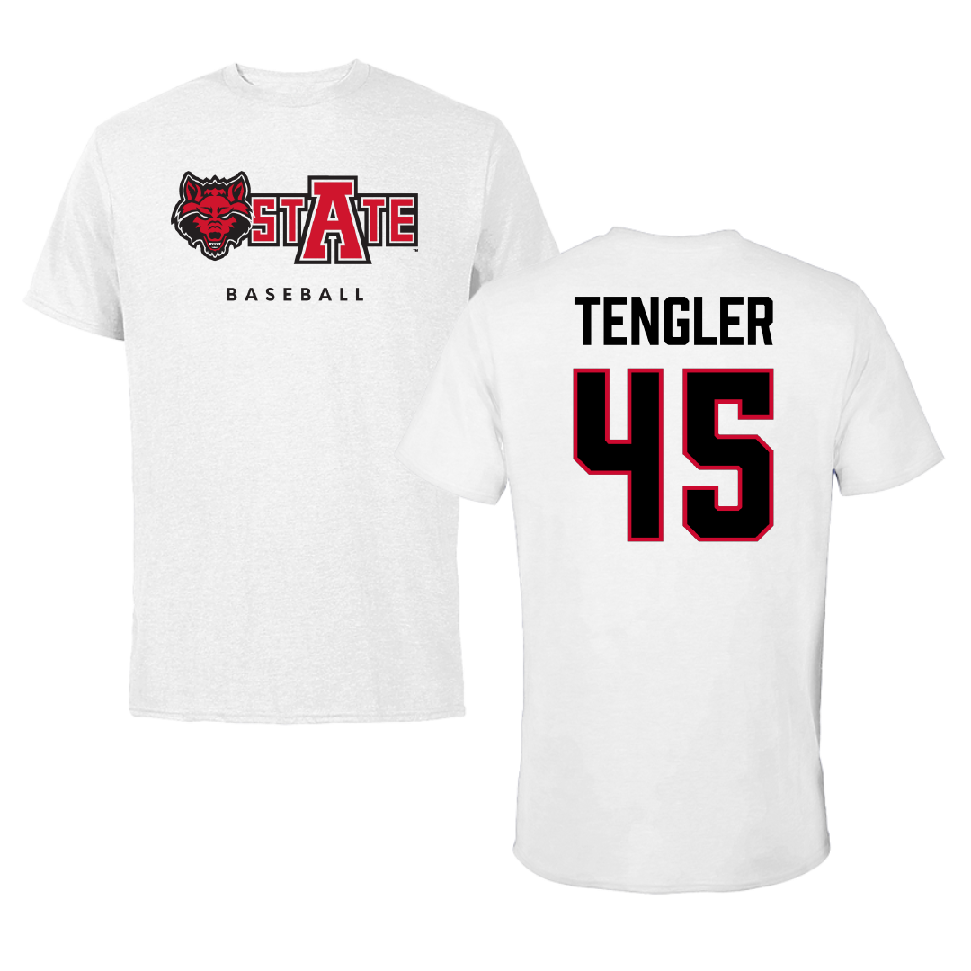 Arkansas State University Baseball White Tee - #45 Ckyler Tengler