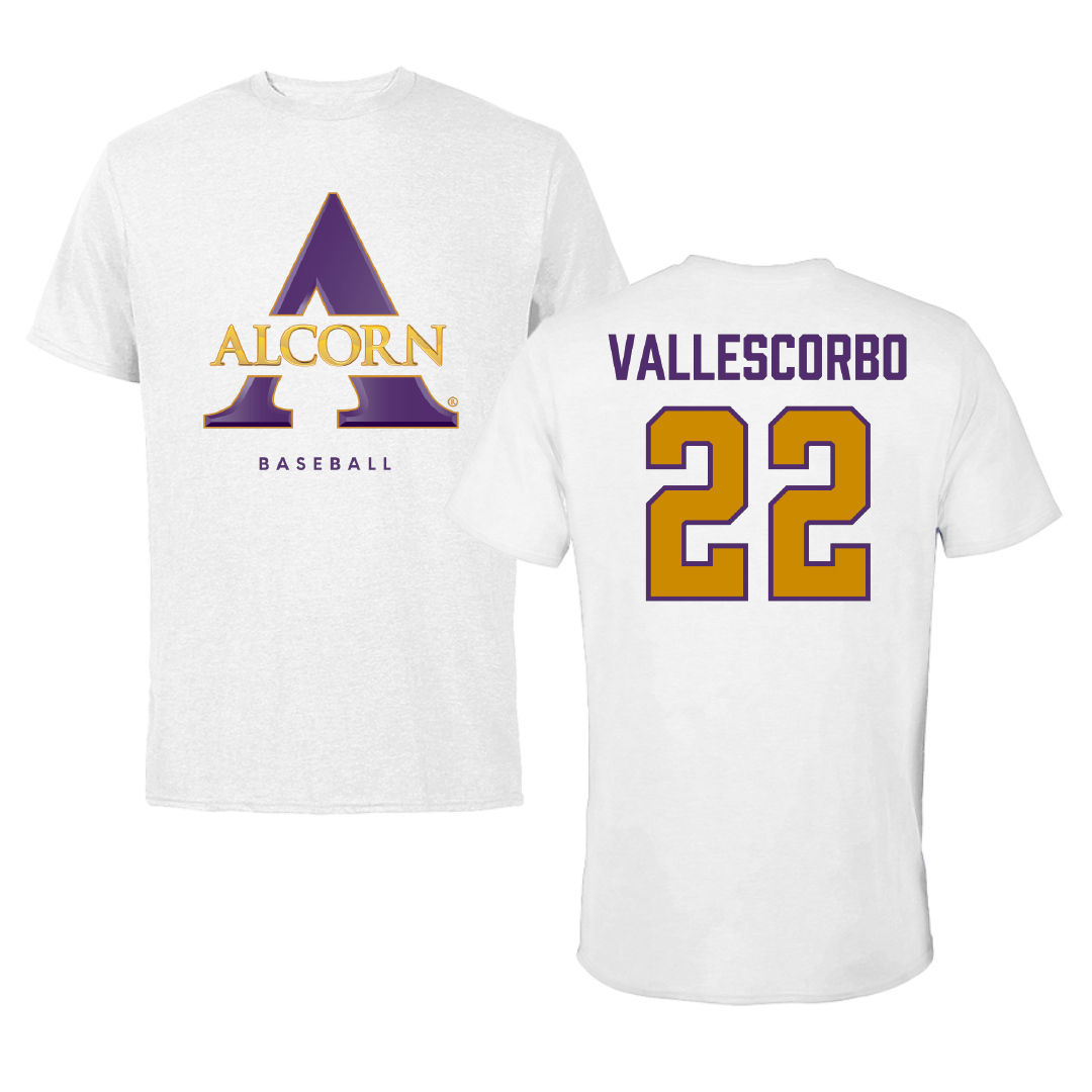 Alcorn State University Baseball White Performance Tee - #22 Adrian Vallescorbo
