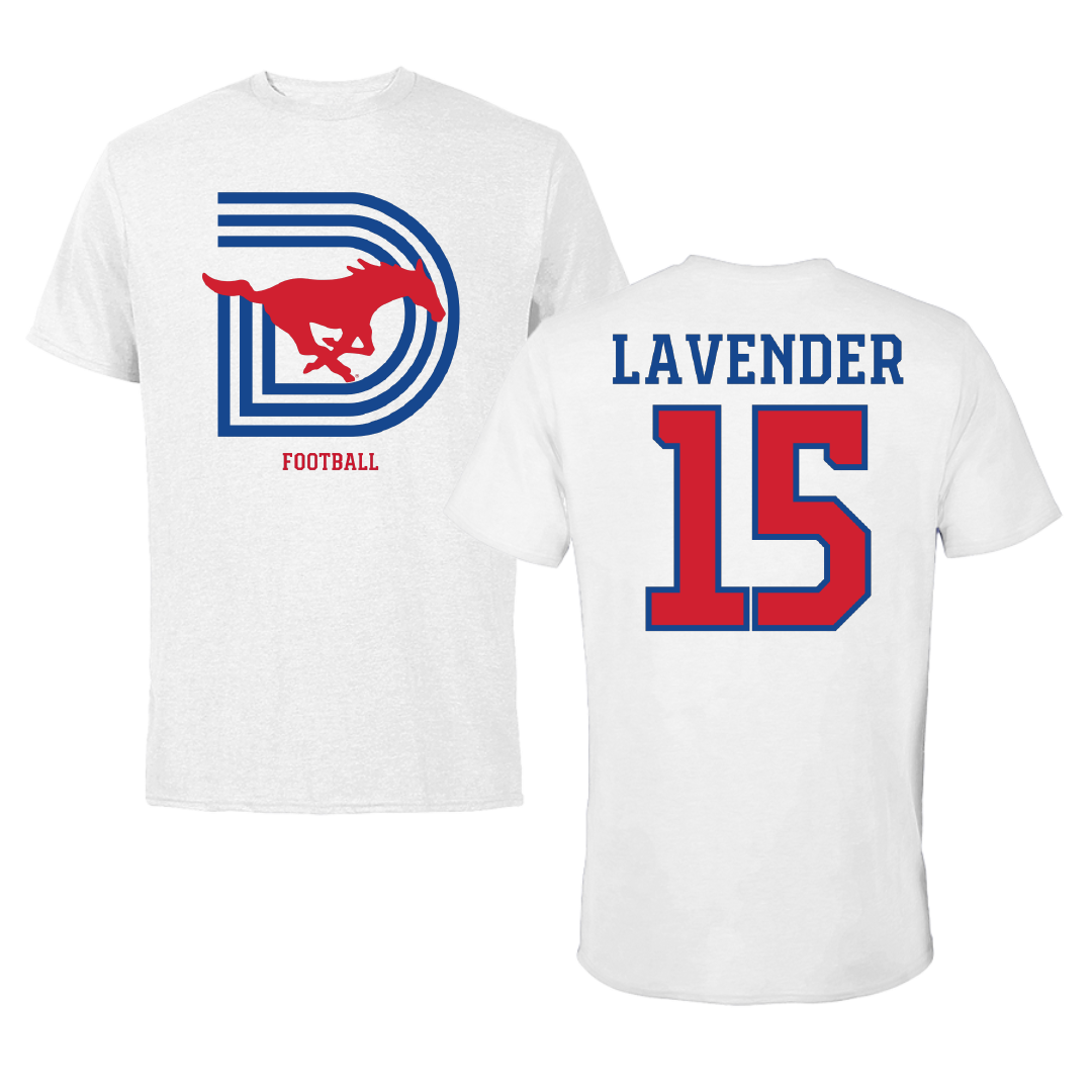 Southern Methodist University Football White Performance Tee - #15 Jaxson Lavender