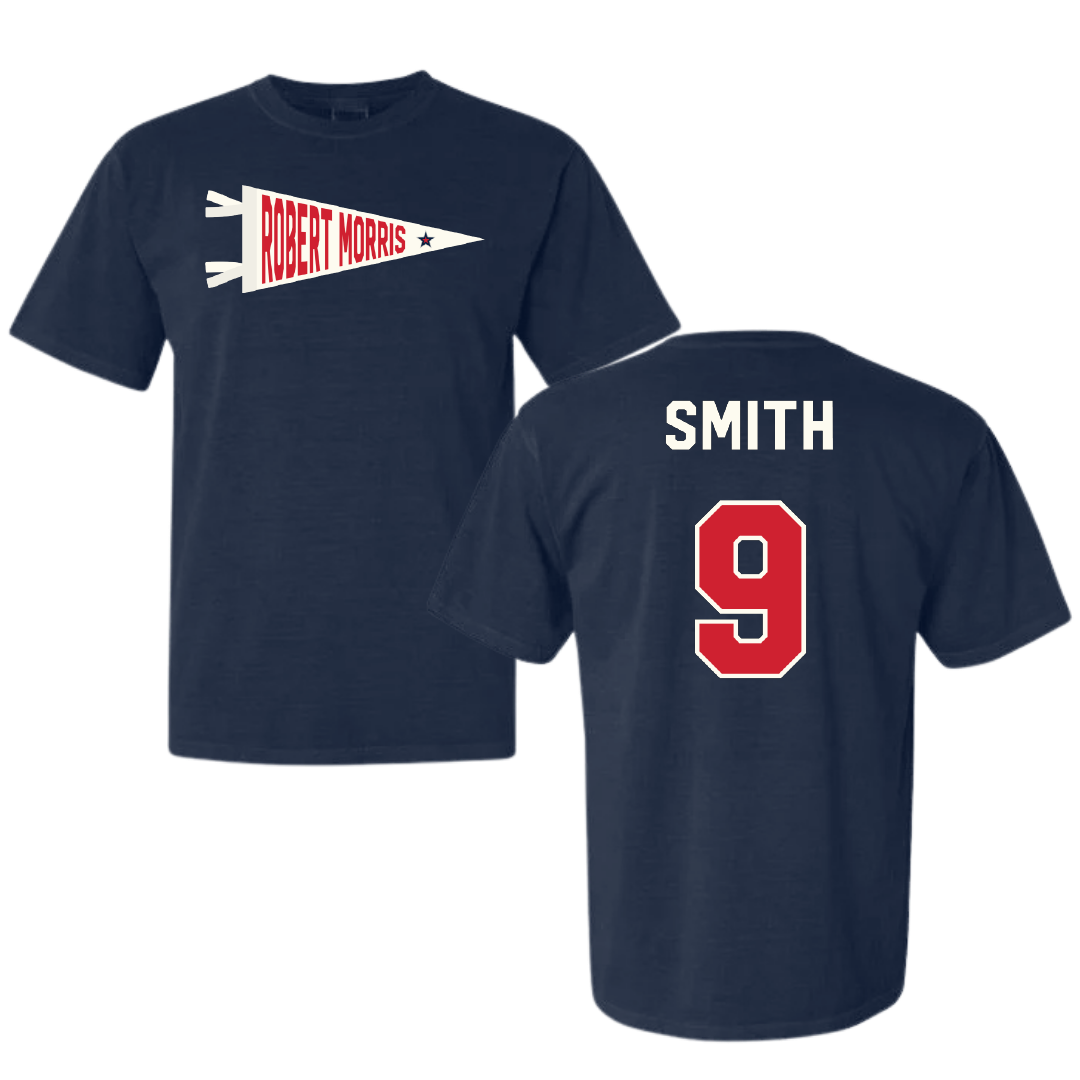 Robert Morris University Baseball Navy Pennant Comfort Colors Tee - #9 Caden Smith