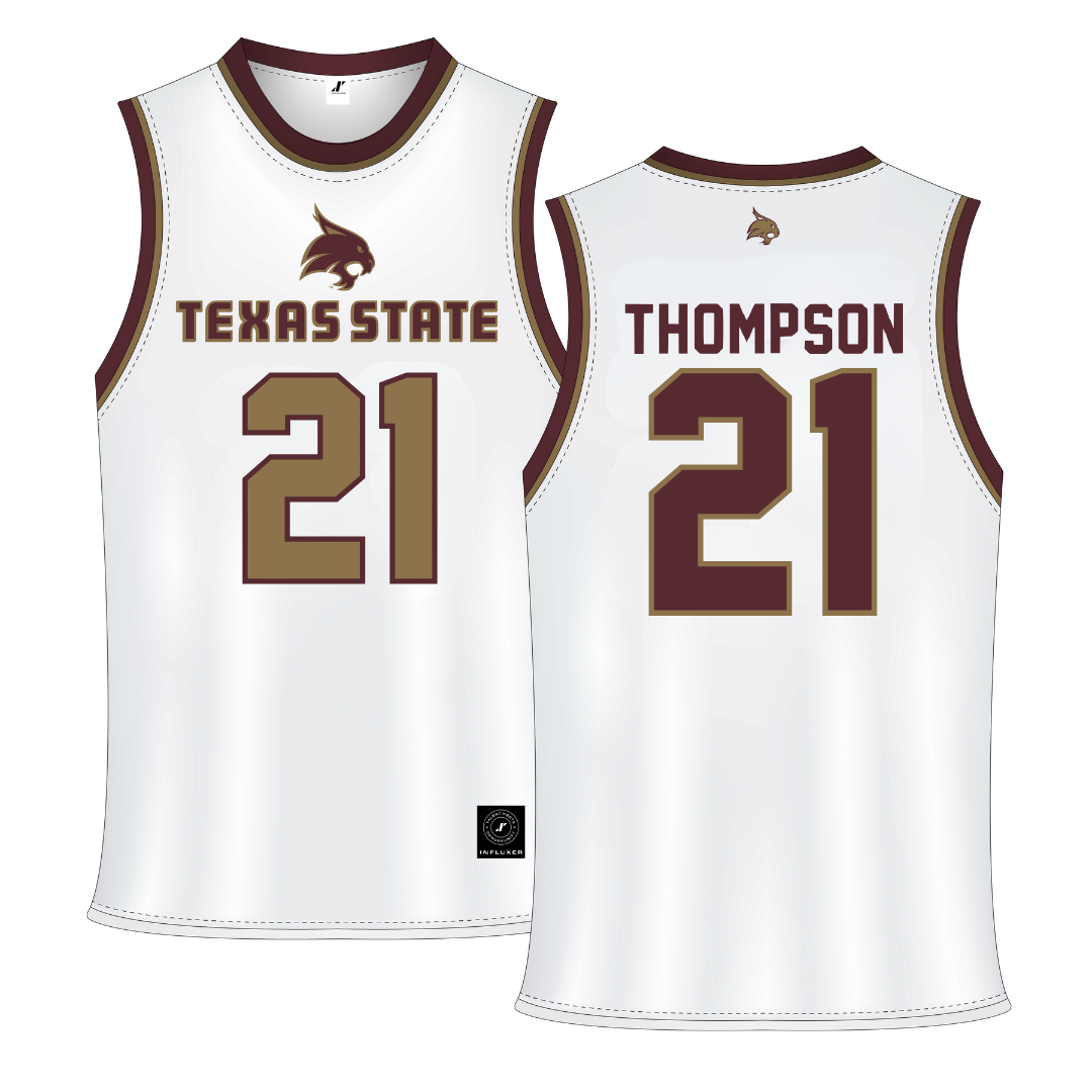 Texas State University White Basketball Jersey - #21 Deke Thompson