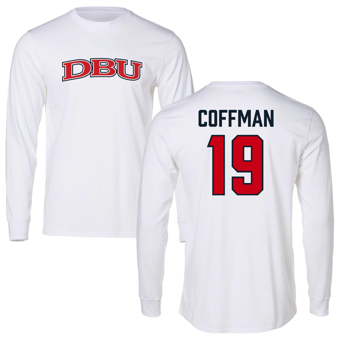 Dallas Baptist University Soccer White Performance Long Sleeve - #19 Kylar Coffman