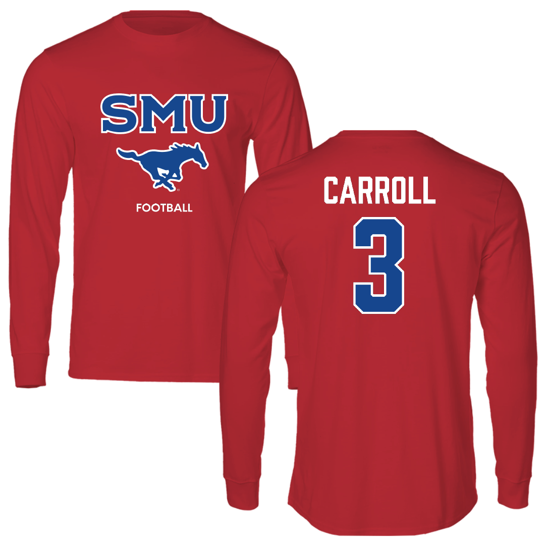 Southern Methodist University Football Red Performance Long Sleeve - #3 Jamarion Carroll