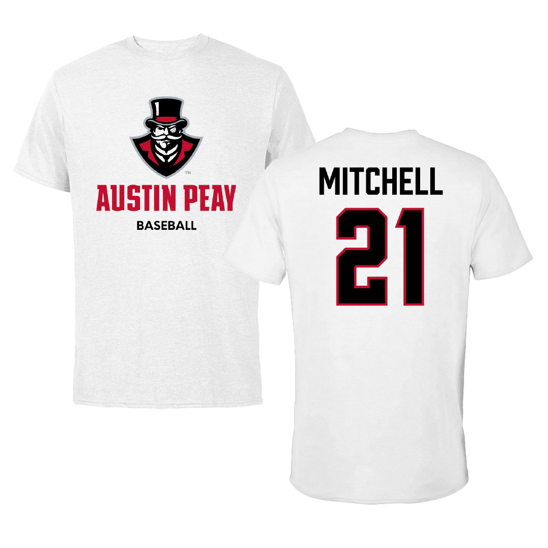 Austin Peay State University Baseball White Tee - #21 Derrick Mitchell