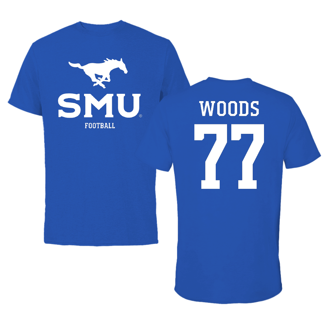 Southern Methodist University Football Blue Mascot Performance Tee - #77 Alex Woods