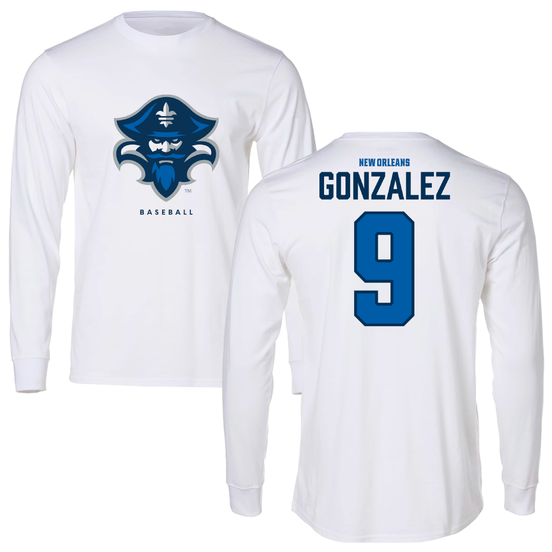 University of New Orleans Baseball White Performance Long Sleeve - #9 Matt Gonzalez