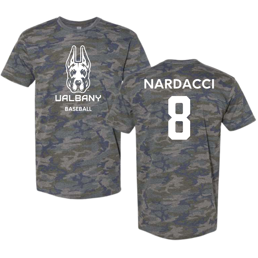 University at Albany Baseball Vintage Camo Tee - #8 Ethan Nardacci