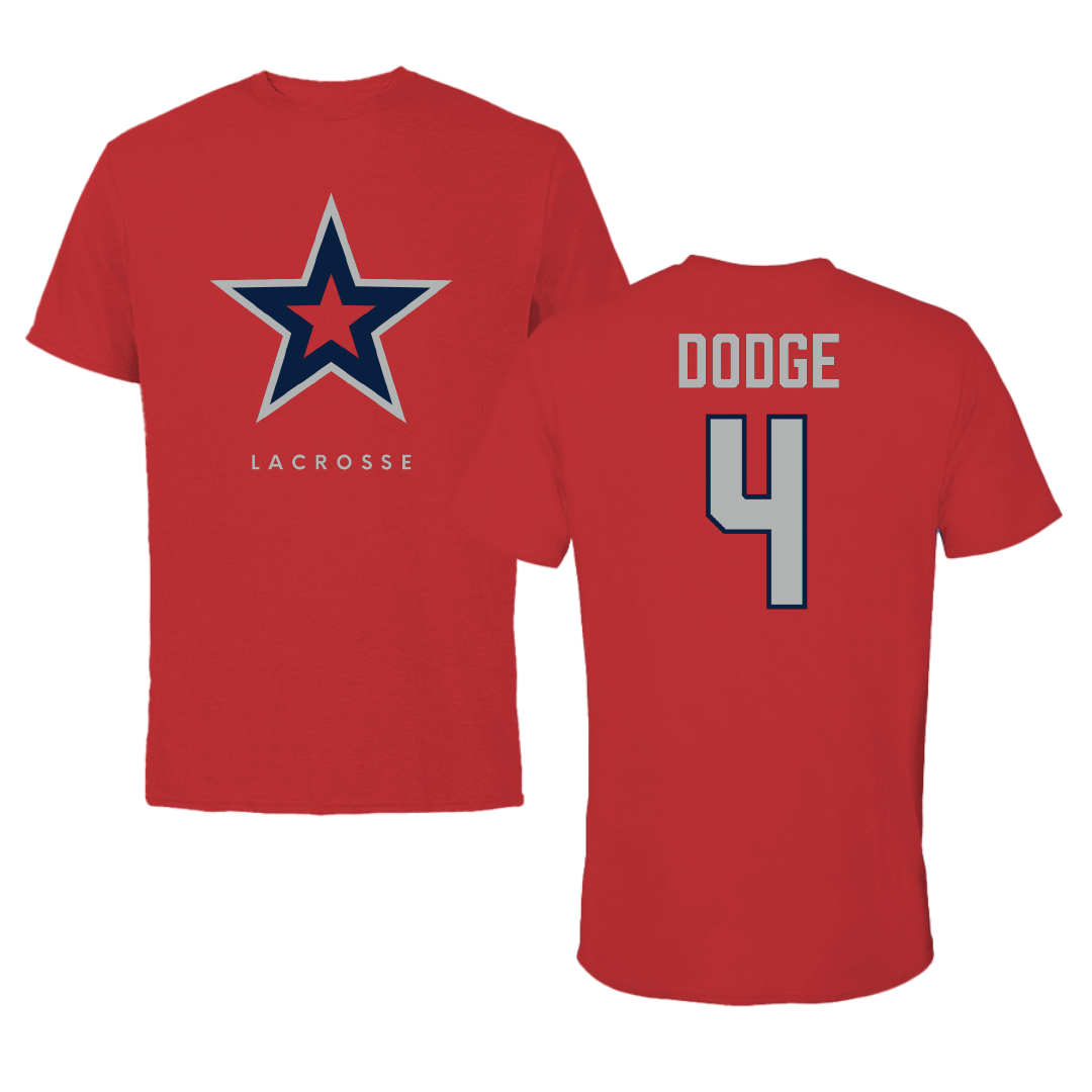 Robert Morris University Lacrosse (M) Red Tee - #4 Brodin Dodge