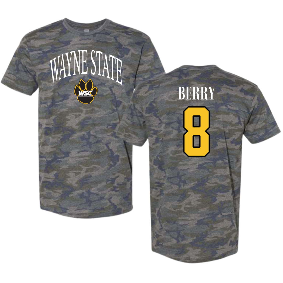 Wayne State College (Nebraska) Soccer Vintage Camo Tee - #8 Tatum Berry