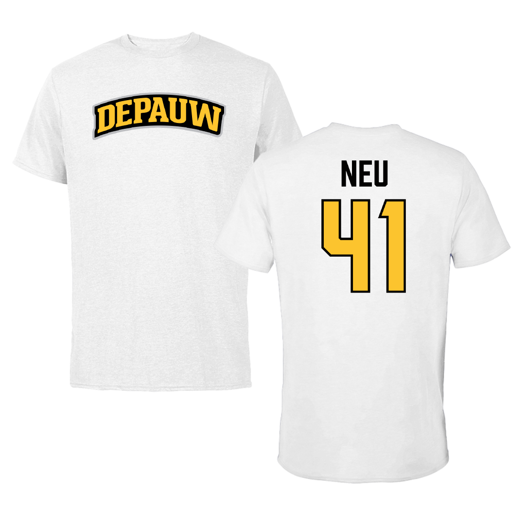 DePauw University Football White Performance Tee - #41 Sam Neu