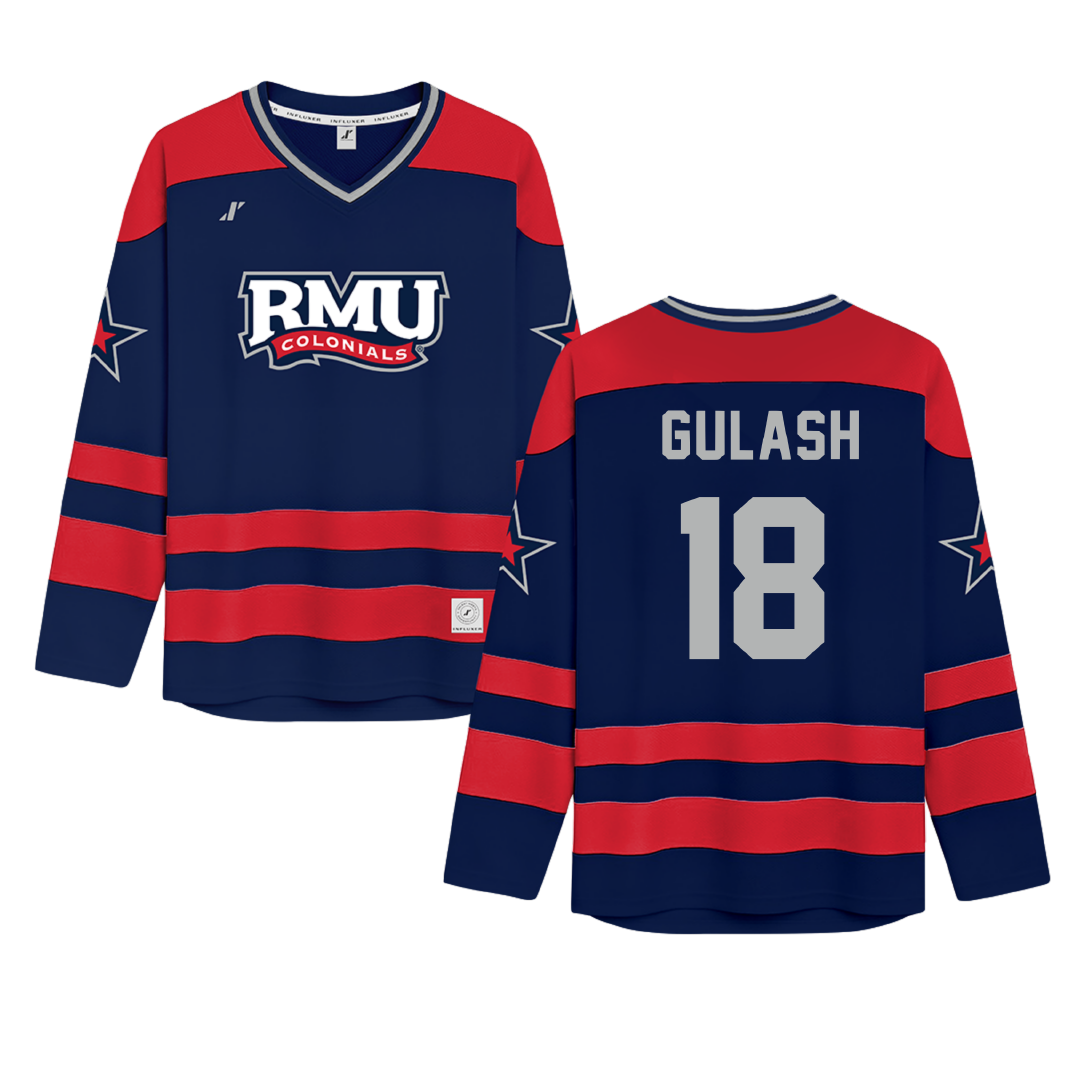 Robert Morris University Navy Hockey Jersey - #18 Gavin Gulash