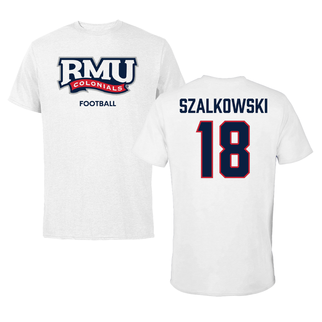 Robert Morris University Football White Tee - #18 Tyler Szalkowski
