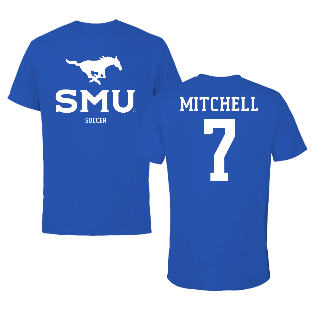 Southern Methodist University Soccer (M) Blue Mascot Tee - #7 Jaylinn Mitchell
