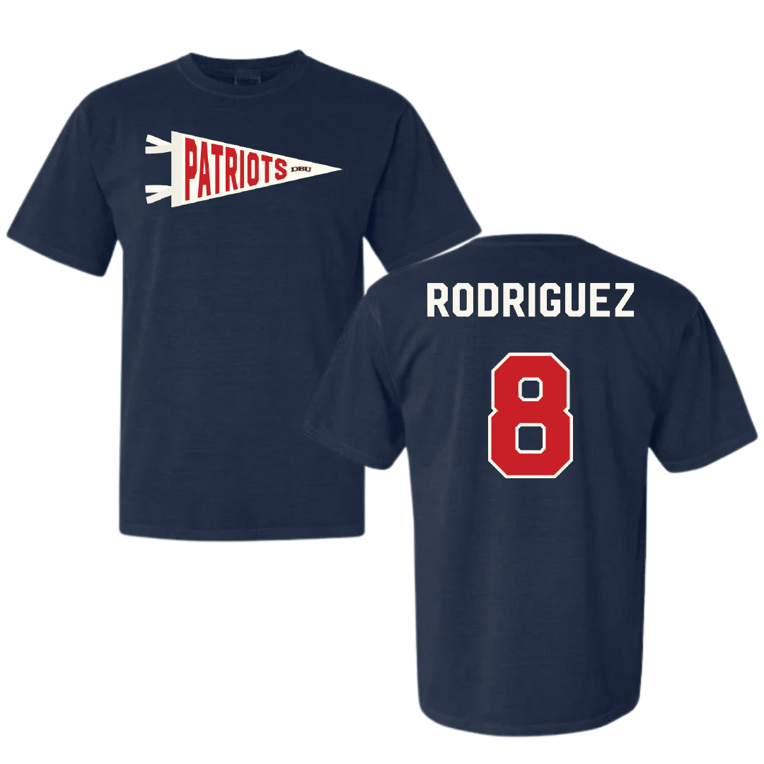 Dallas Baptist University Lacrosse Navy Pennant Comfort Colors Tee - #8 Brandon Rodriguez