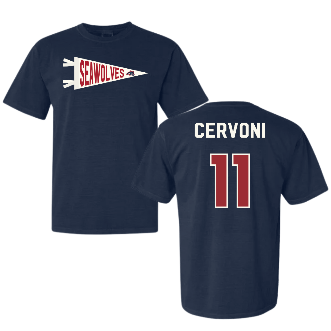 Stony Brook University Baseball Navy Pennant Comfort Colors Tee - #11 Mike Cervoni