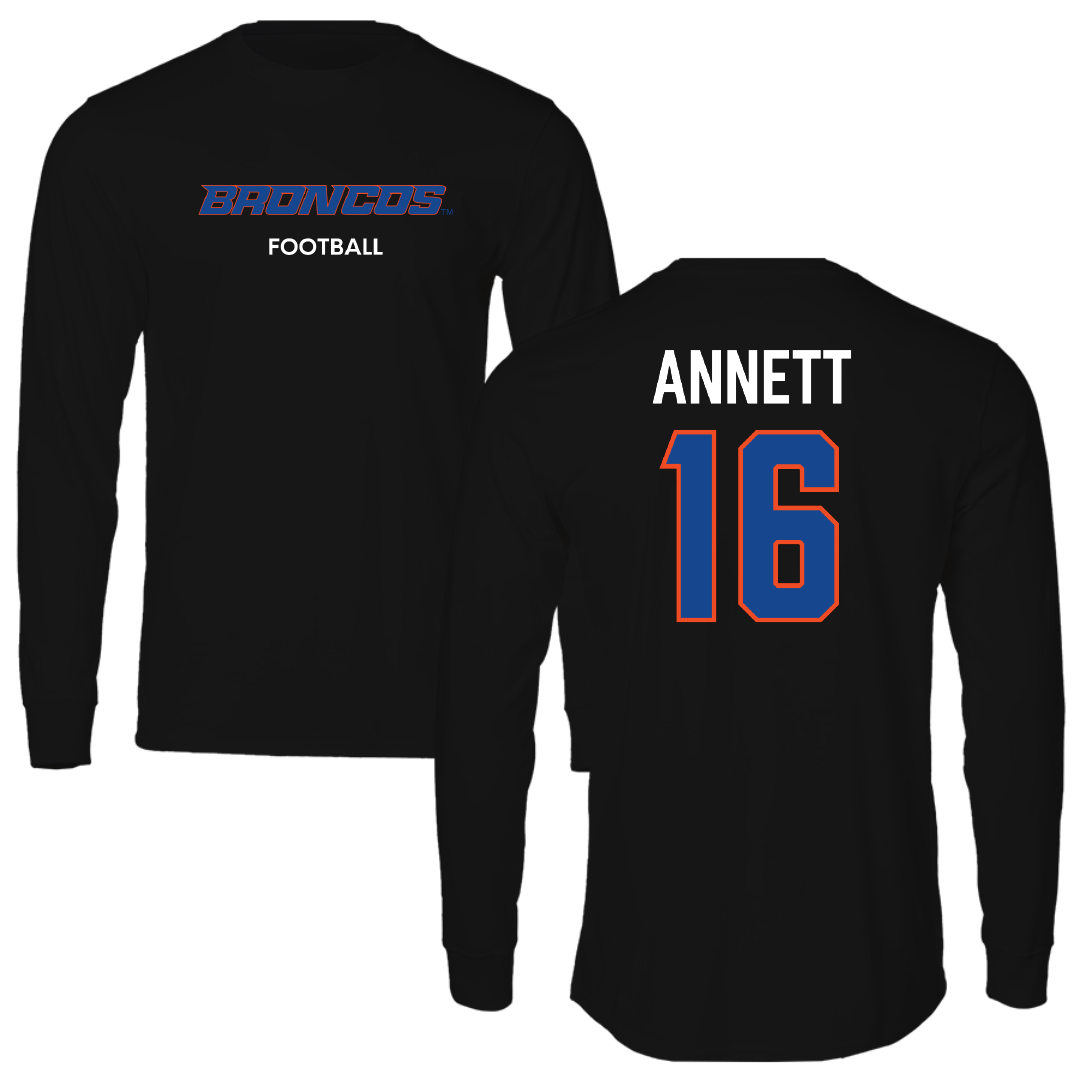 Boise State University Football Black Performance Long Sleeve - #16 Kaleb Annett