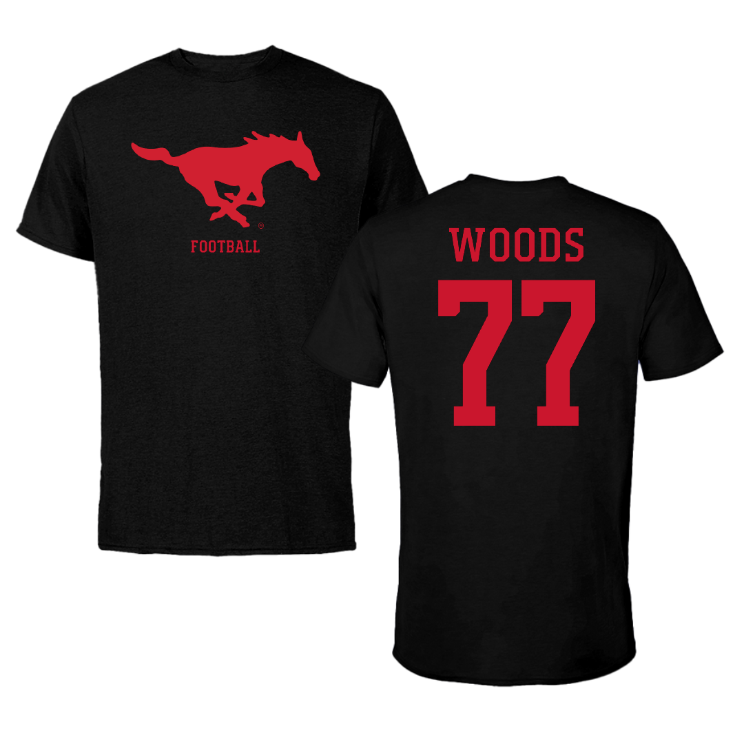 Southern Methodist University Football Black Performance Tee - #77 Alex Woods
