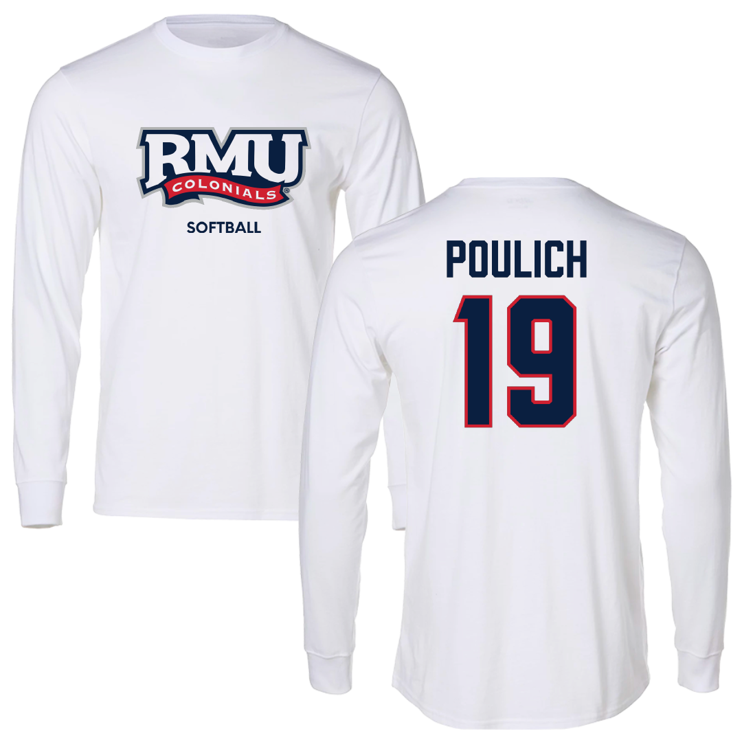 Robert Morris University Softball White Mascot Long Sleeve - #19 Courtney Poulich