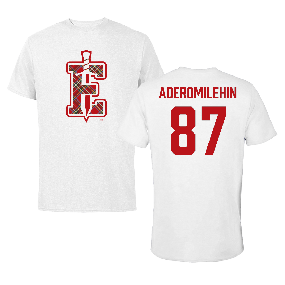 PennWest Edinboro Football White Tee - #87 Junior Aderomilehin
