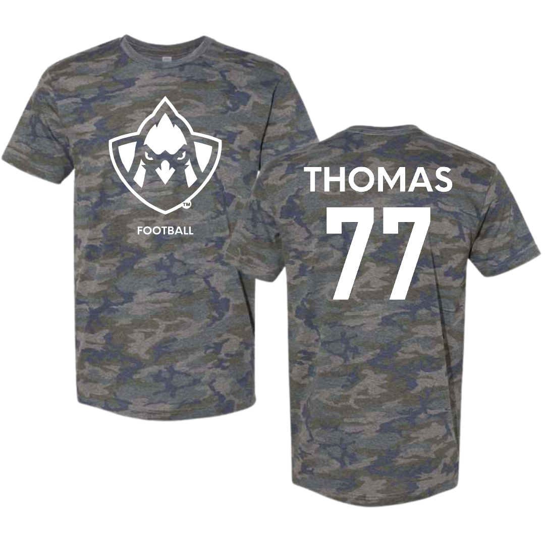 Trinity Valley Community College Football Vintage Camo Tee - #77 Jaylon Thomas
