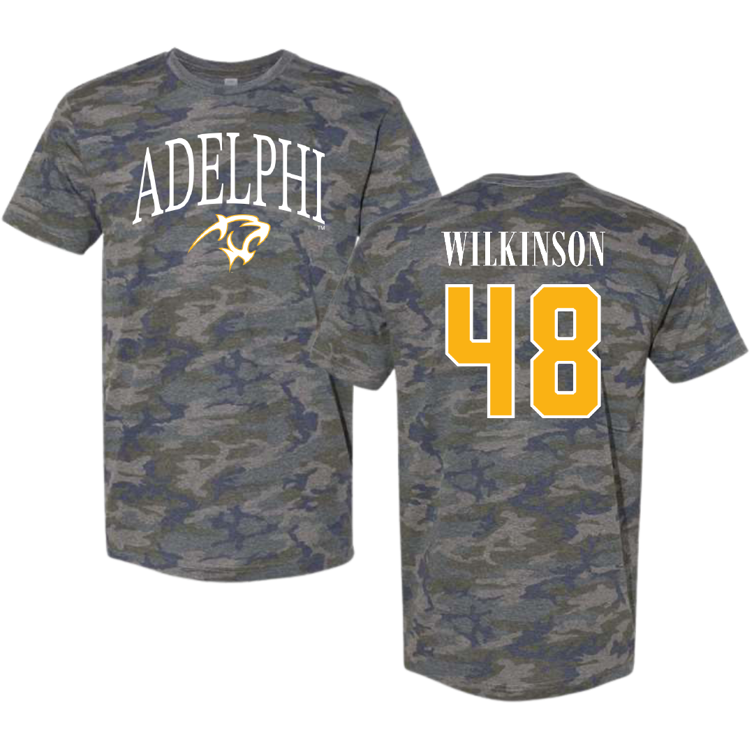 Adelphi University Baseball Vintage Camo Tee - #48 Justin Wilkinson