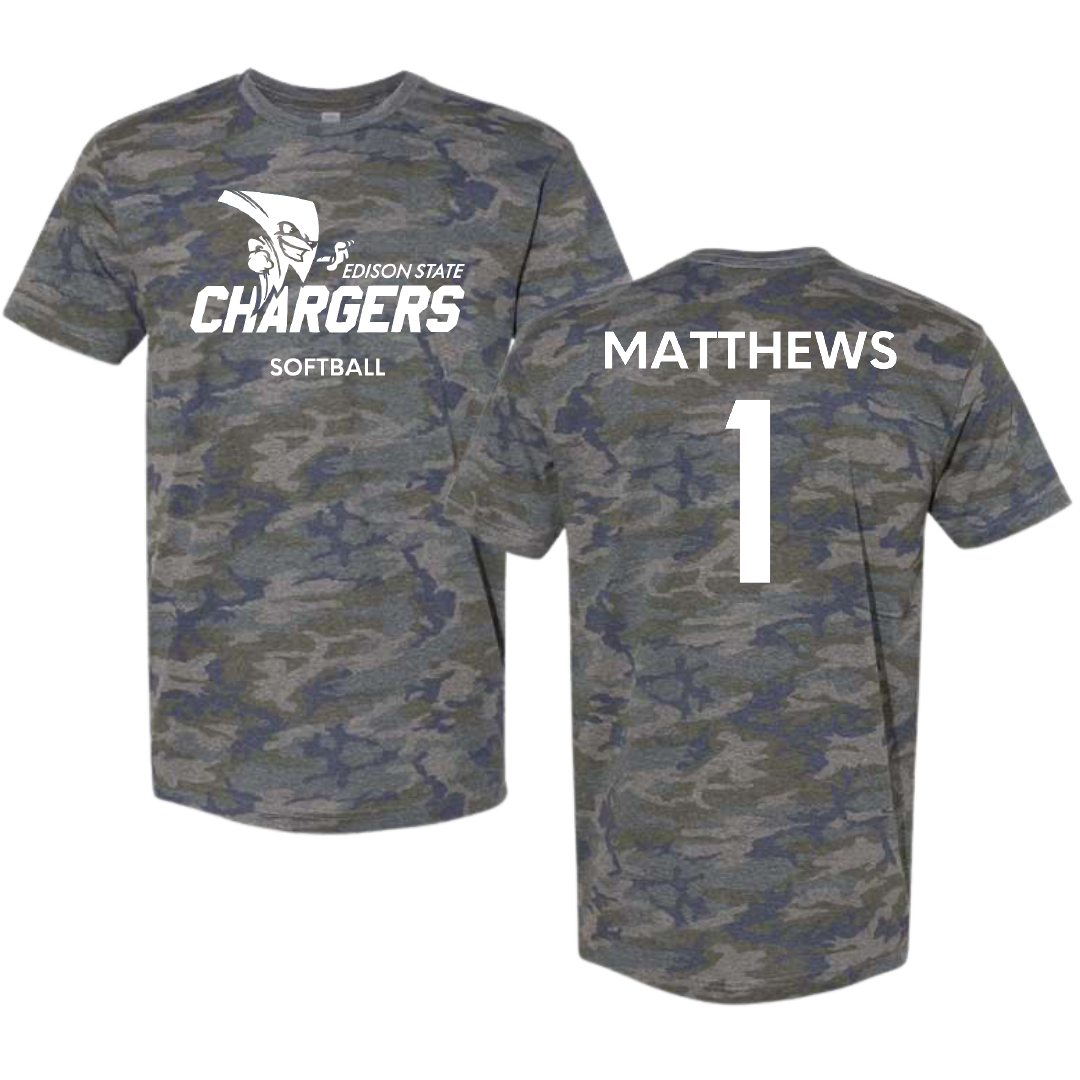 Edison State Community College Softball Vintage Camo Tee - #1 Amerie Matthews