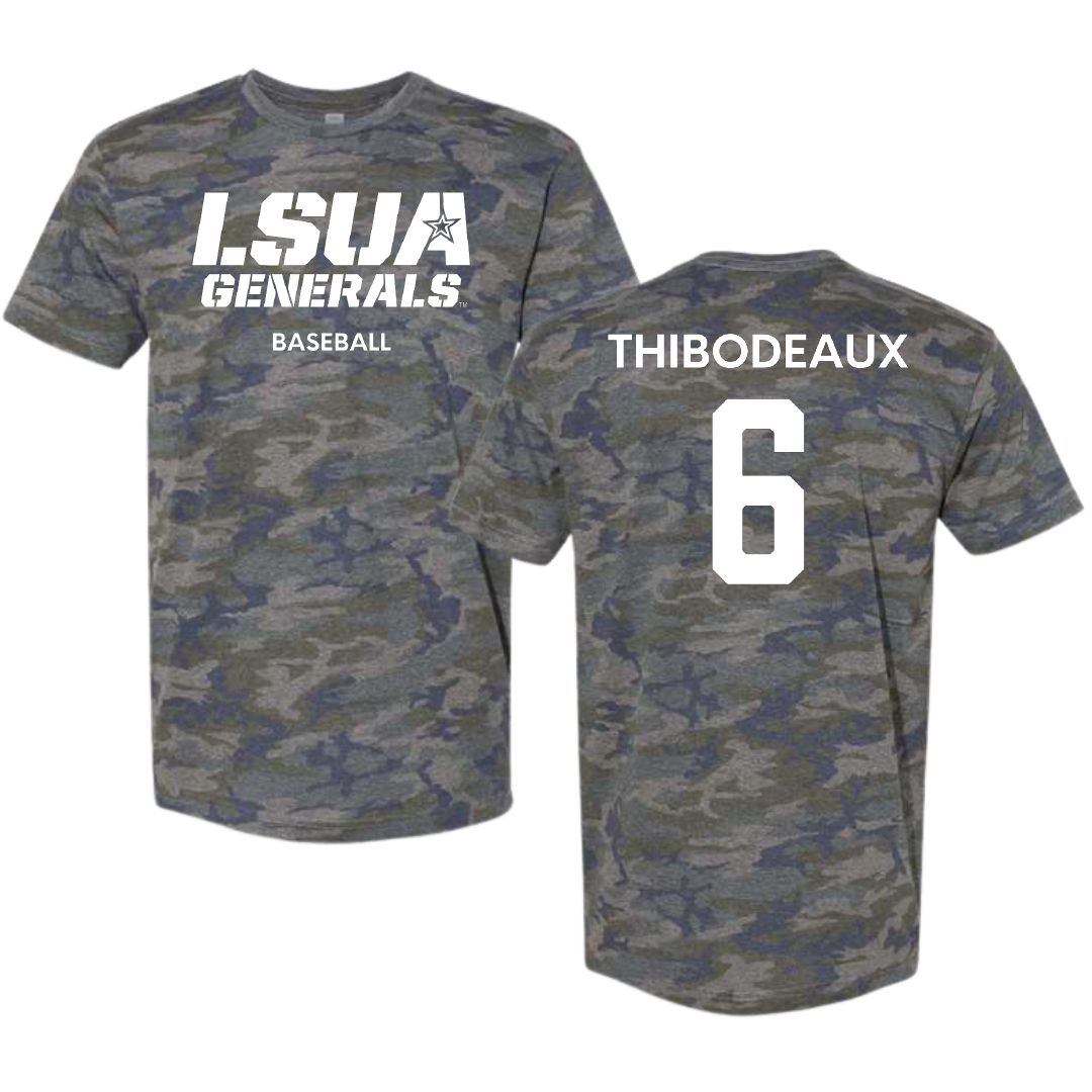 Louisiana State University-Alexandria Baseball Vintage Camo Tee - #6 Shae Thibodeaux