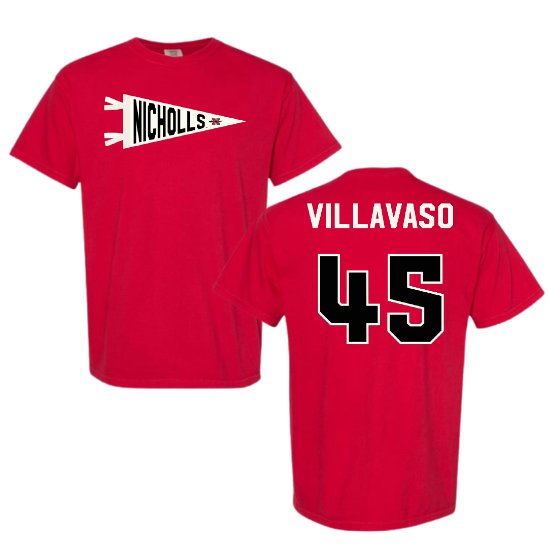 Nicholls State University Football Red Pennant Comfort Colors Tee - #45 Alex Villavaso