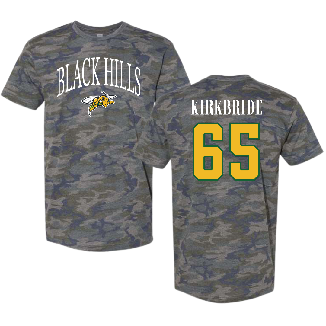 Black Hills State University Football Vintage Camo Tee - #65 Jesse Kirkbride