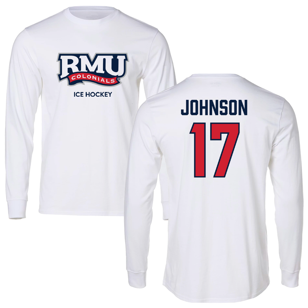 Robert Morris University Ice Hockey (M) White Performance Long Sleeve - #17 Patrick Johnson
