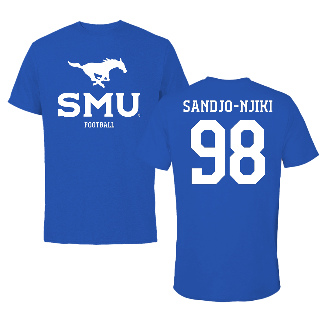 Southern Methodist University Football Blue Mascot Performance Tee - #98 Mike Sandjo-Njiki