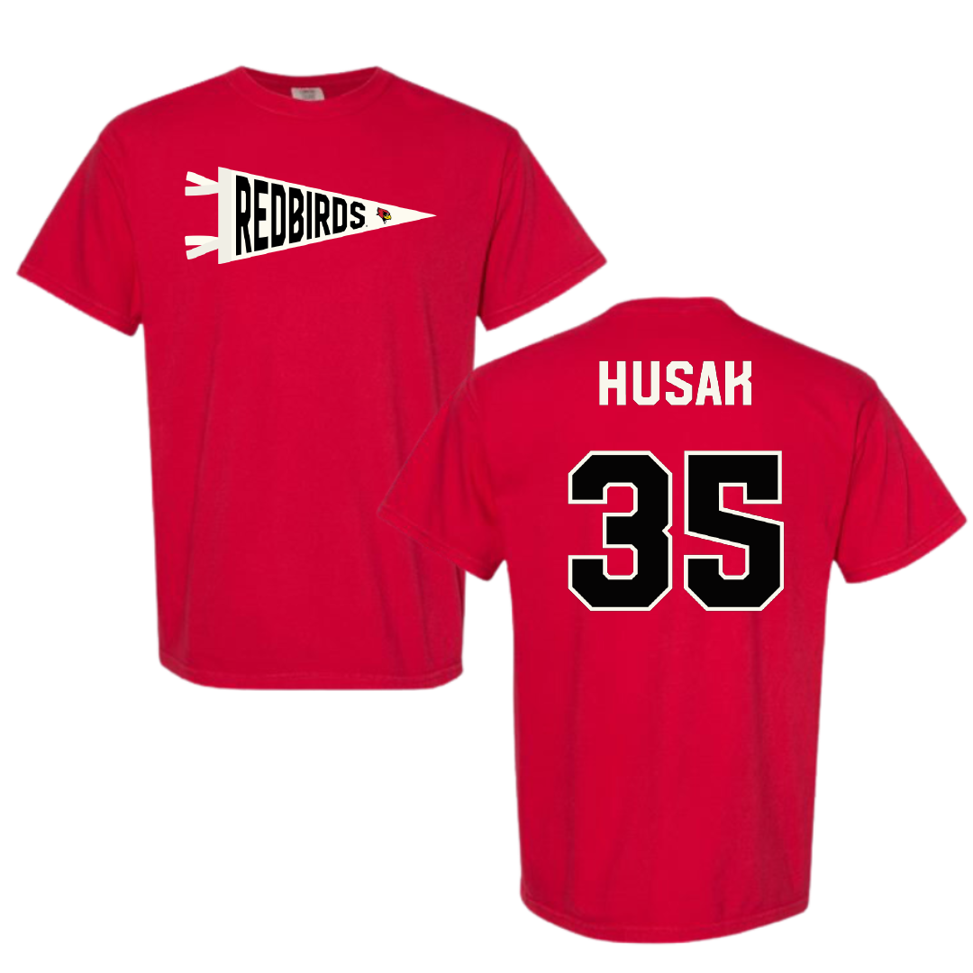 Illinois State University Baseball Red Pennant Comfort Colors Tee - #35 Joe Husak