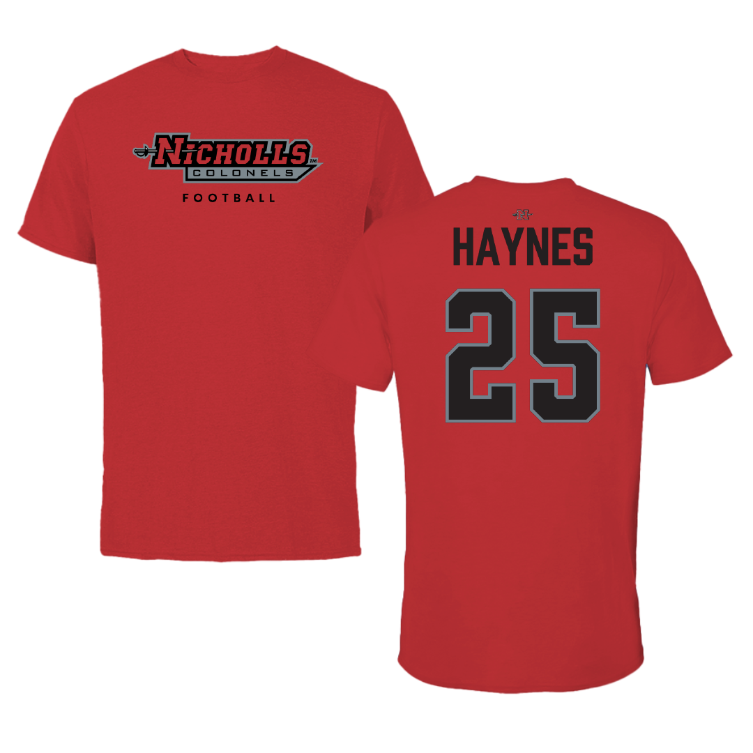 Nicholls State University Football Red Tee - #25 Alec Haynes