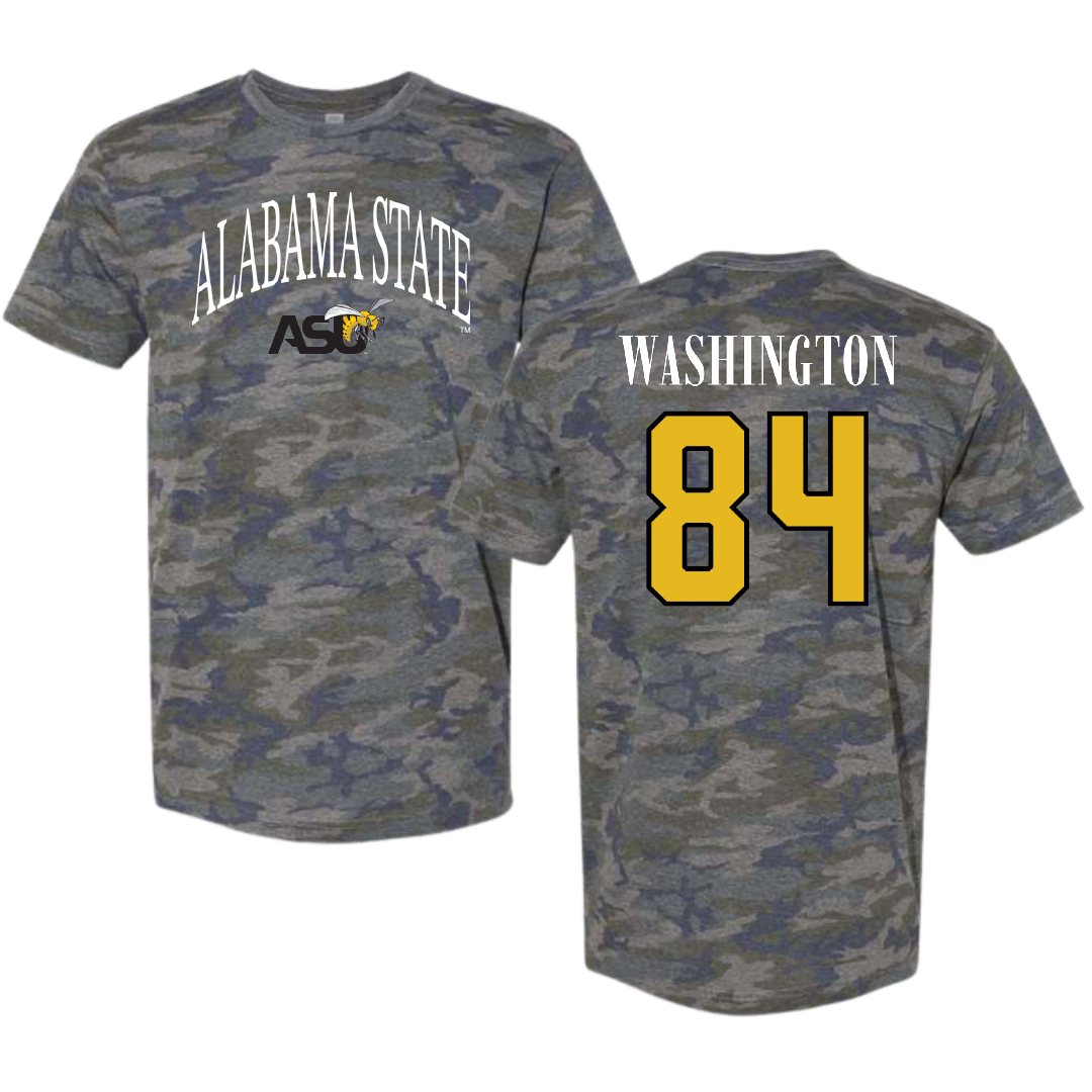 Alabama State University Football Vintage Camo Tee - #84 Joshua Washington