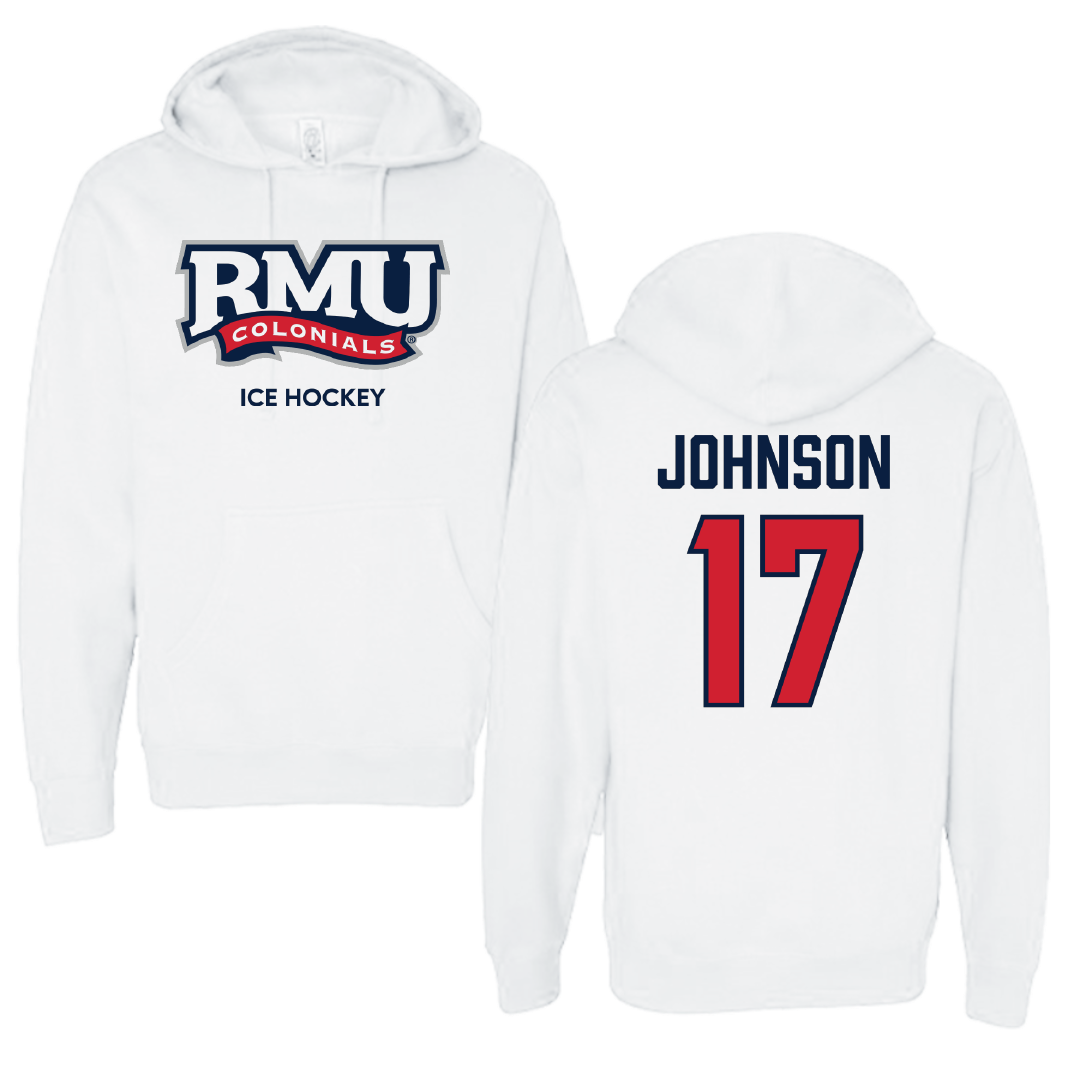 Robert Morris University Ice Hockey (M) White Colonials Hoodie - #17 Patrick Johnson