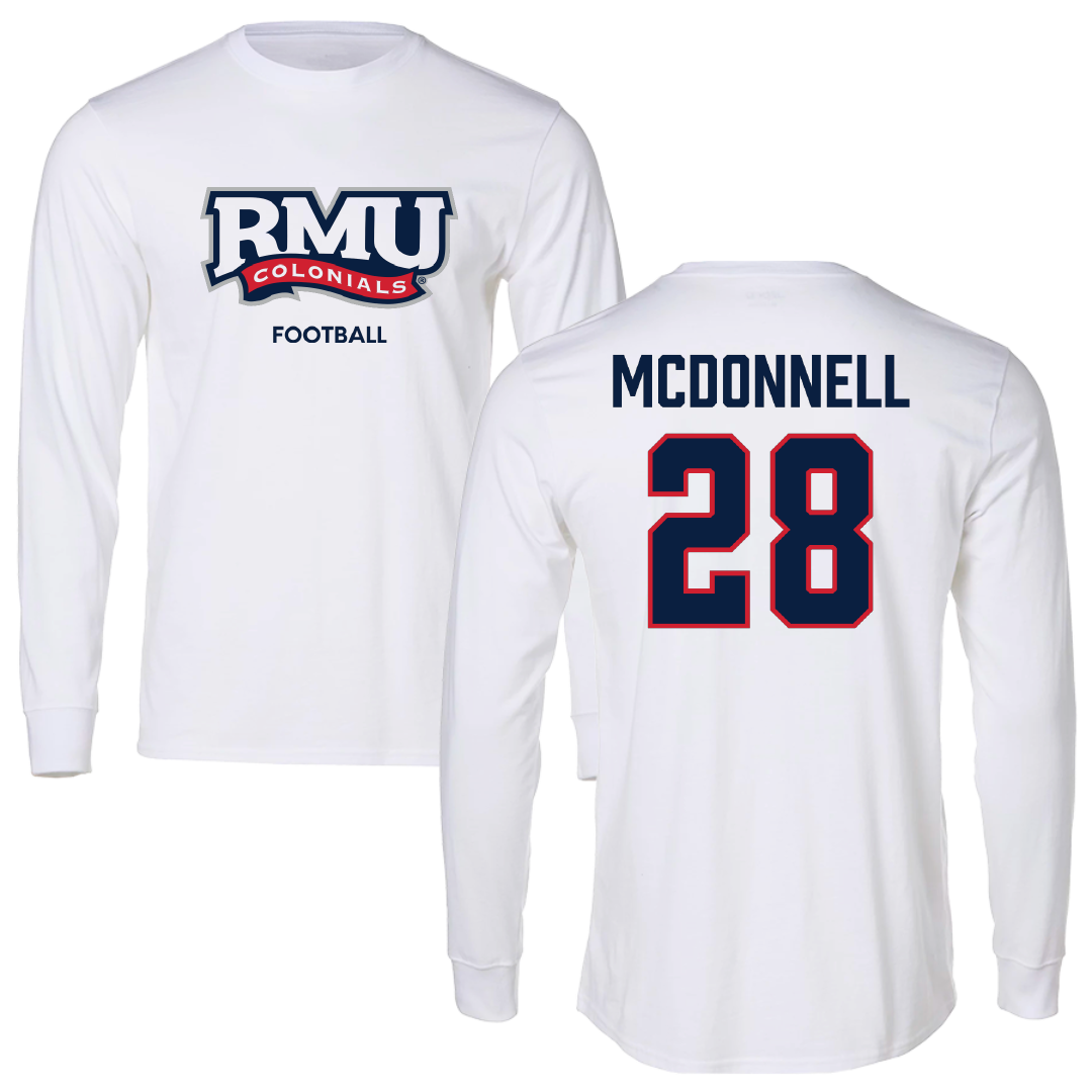 Robert Morris University Football White Mascot Performance Long Sleeve - #28 Patrick McDonnell