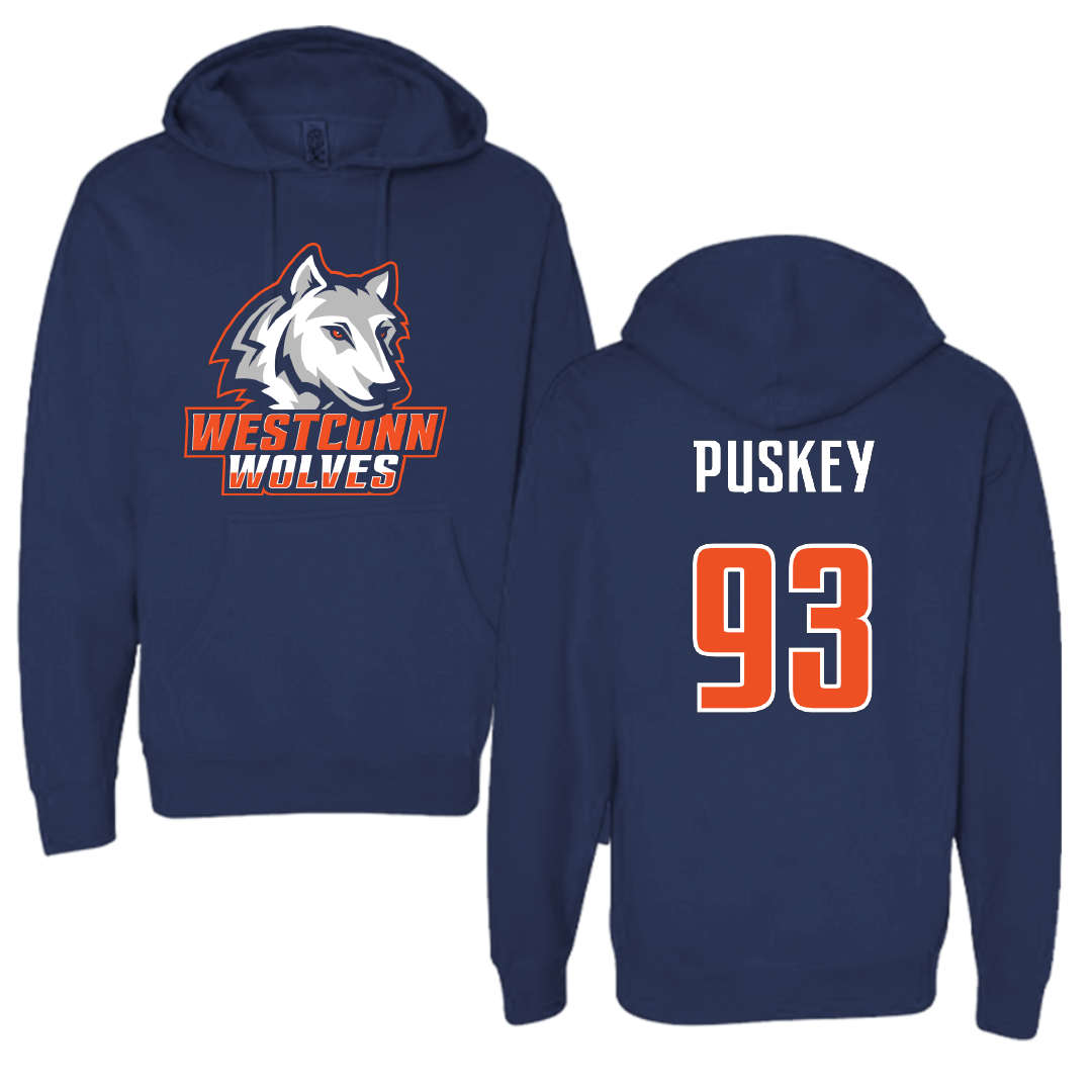 Western Connecticut State University Football Navy Wolves Hoodie - #93 Michael Puskey