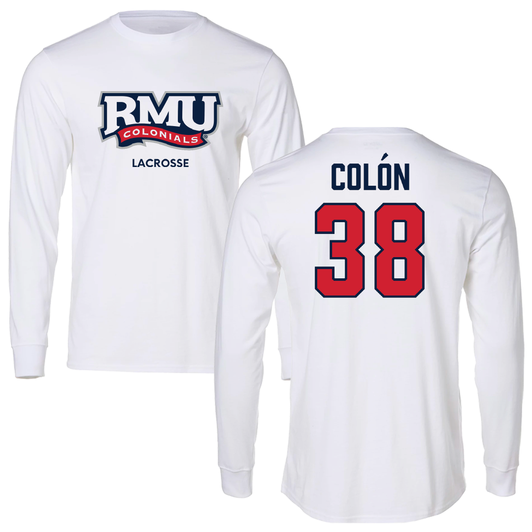Robert Morris University Lacrosse (M) White Performance Long Sleeve - #38 Sam Colón