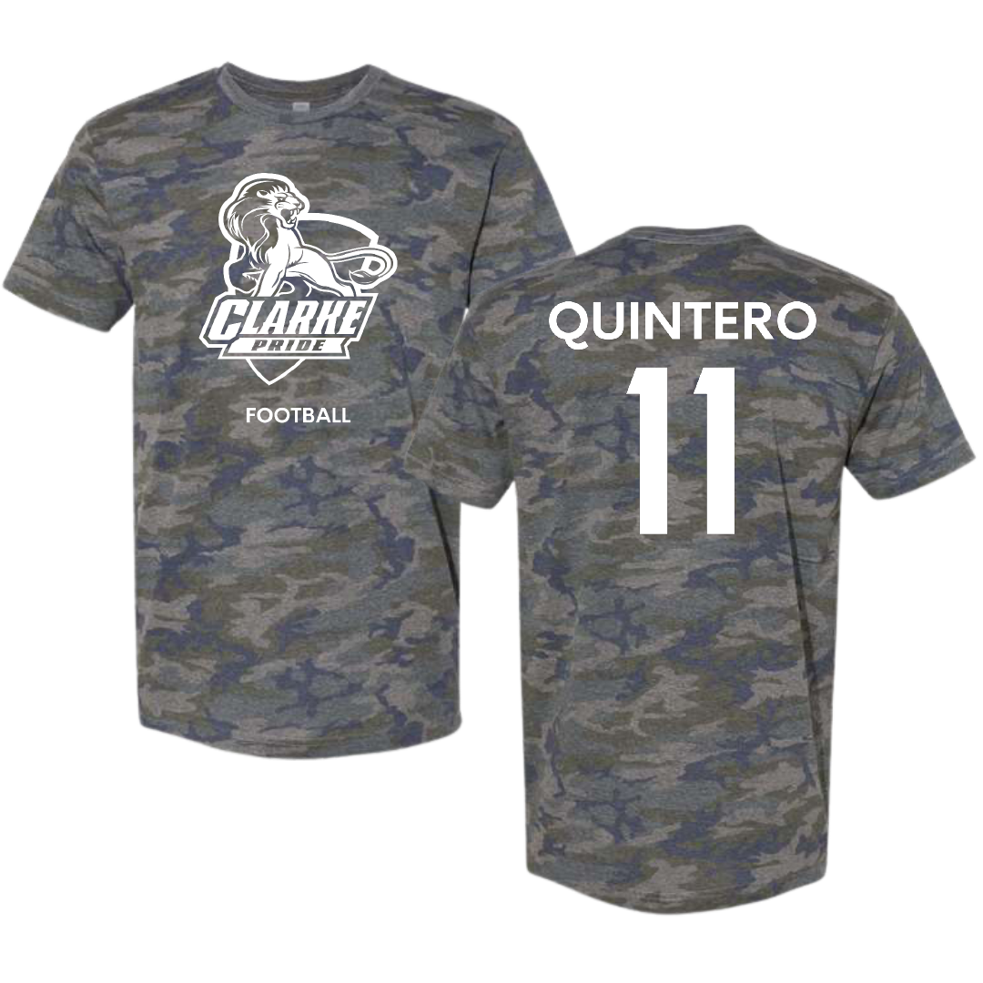 Clarke University Football Vintage Camo Tee - #11 Alonso Quintero