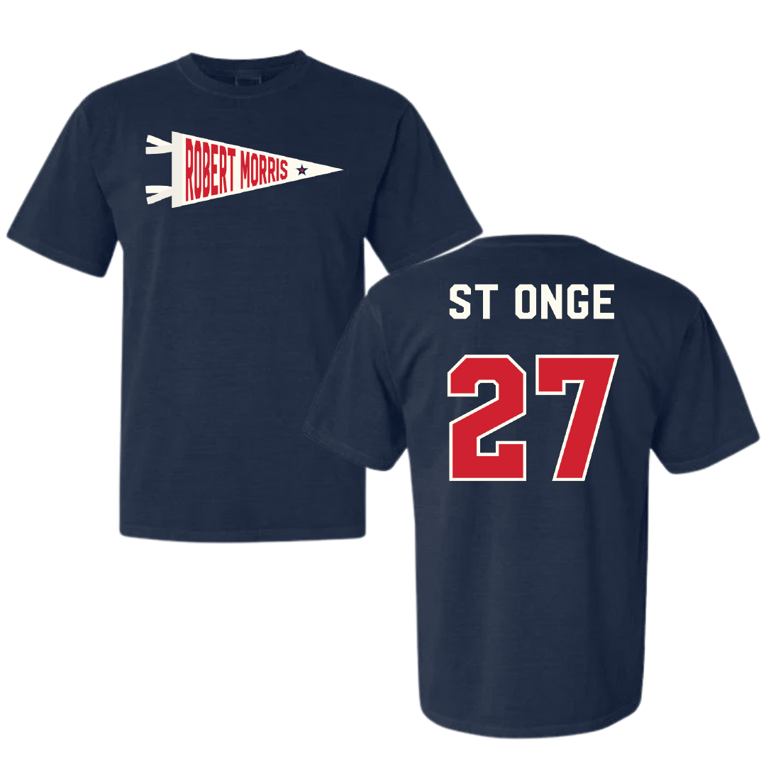 Robert Morris University Ice Hockey Navy Pennant Comfort Colors Tee - #27 Rylee St Onge