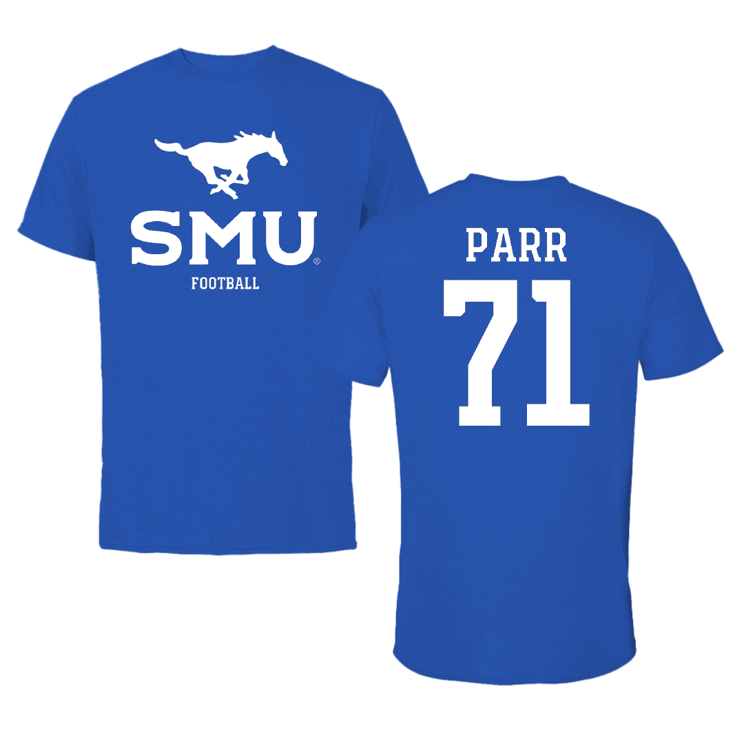 Southern Methodist University Football Blue Mascot Performance Tee - #71 Logan Parr