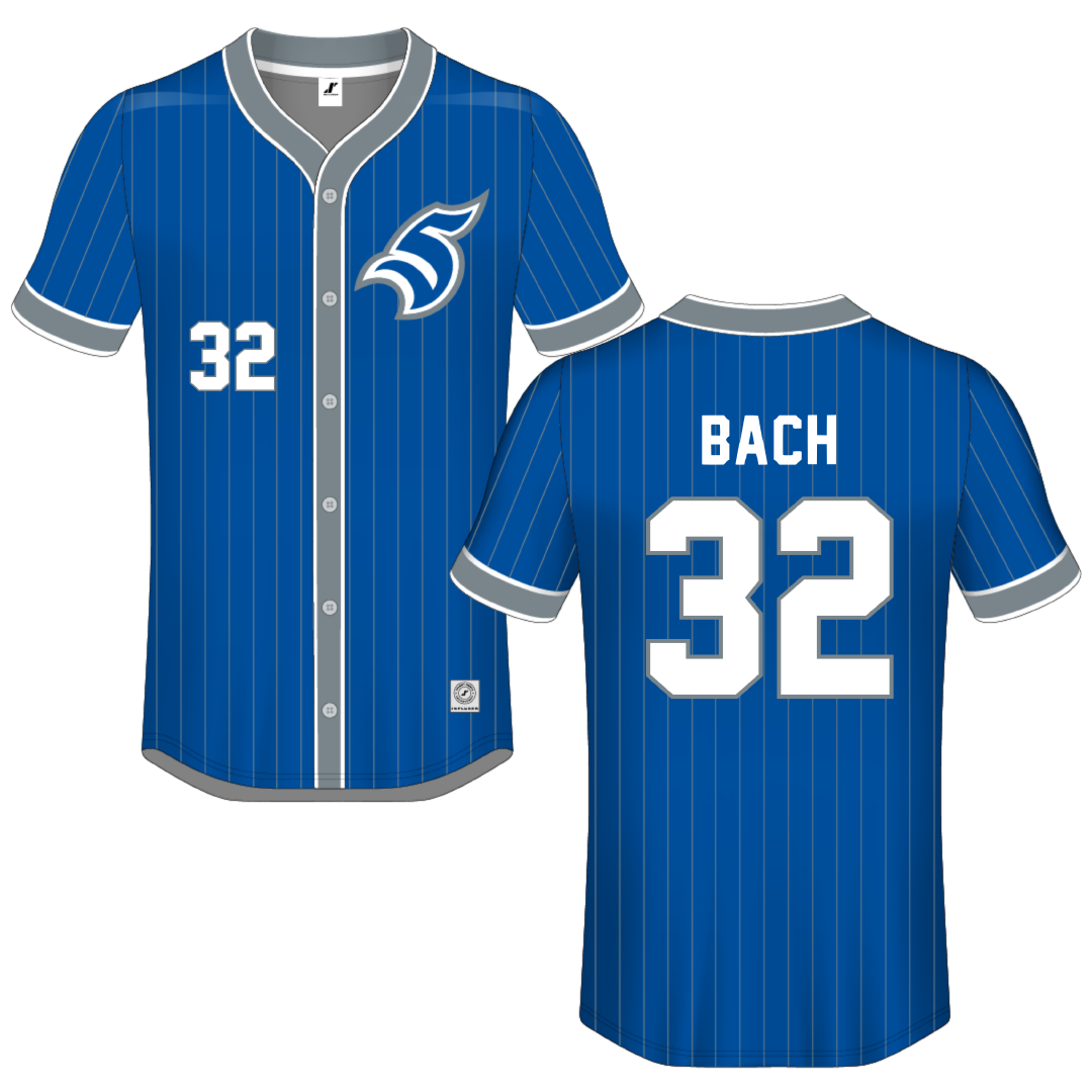 Thomas More University Blue Pinstripe Button-Down Jersey - #32 Keeton Bach