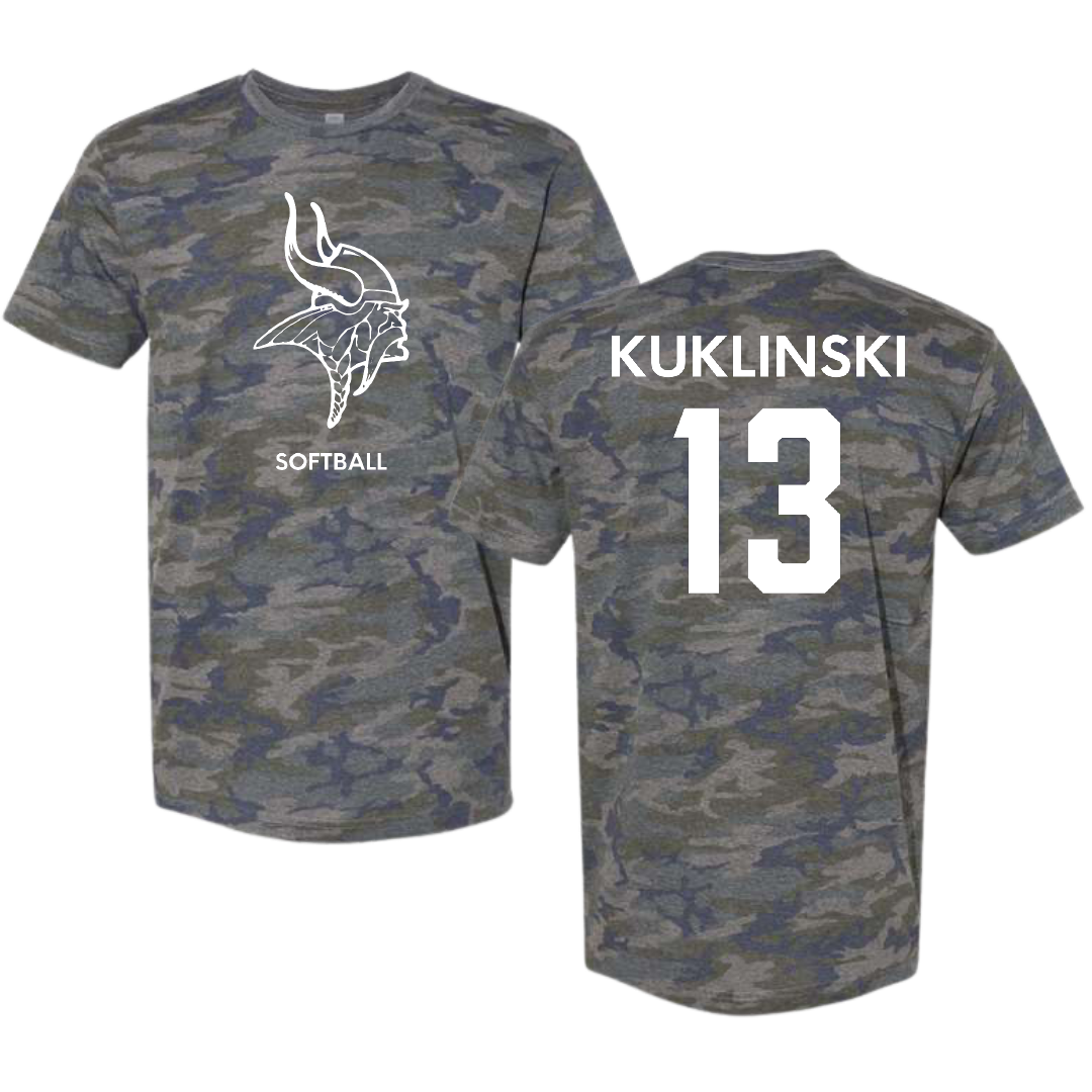 Valley City State University Softball Vintage Camo Tee - #13 Avery Kuklinski