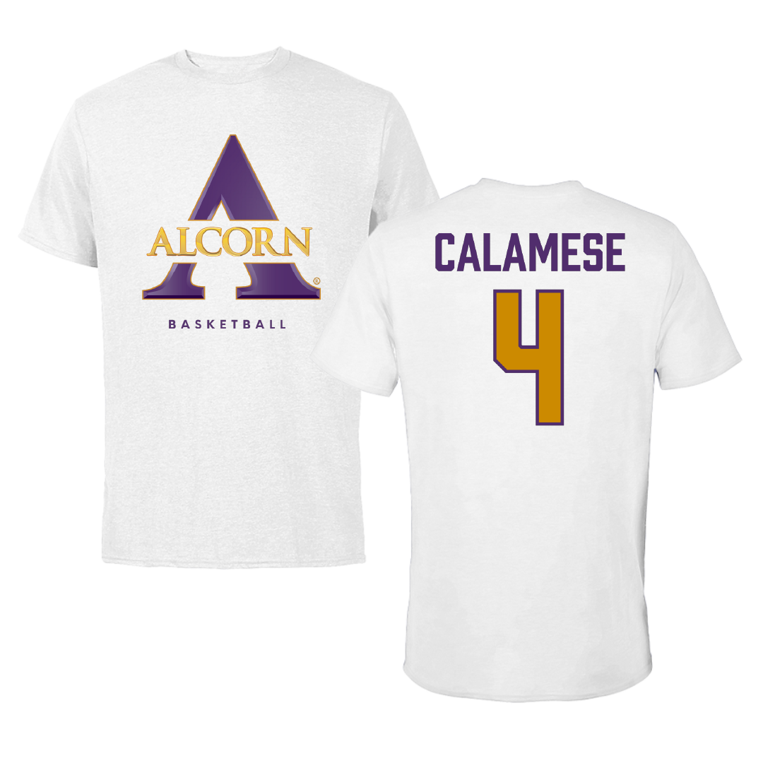 Alcorn State University Basketball White Performance Tee - #4 Bryson Calamese