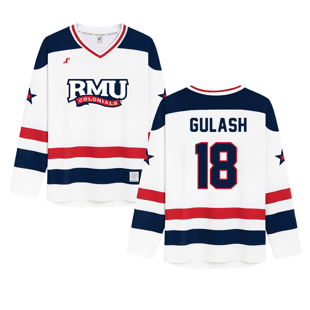 Robert Morris University White Hockey Jersey - #18 Gavin Gulash