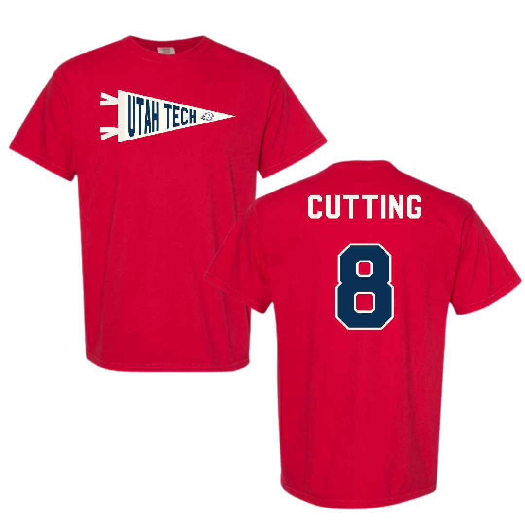 Utah Tech University Baseball Red Pennant Comfort Colors Tee - #8 Garrett Cutting