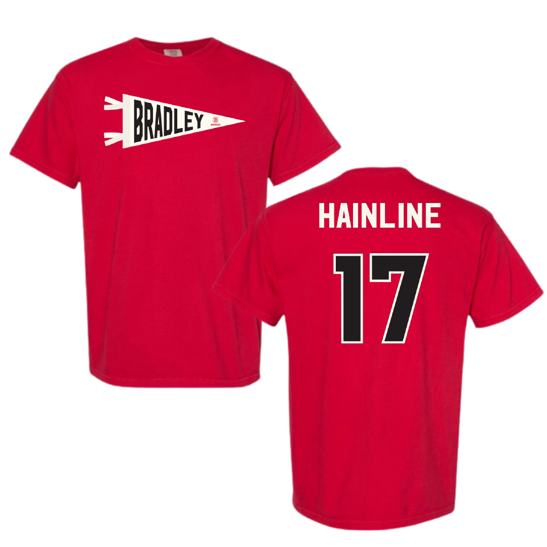 Bradley University Baseball Red Pennant Comfort Colors Tee - #17 Nick Hainline